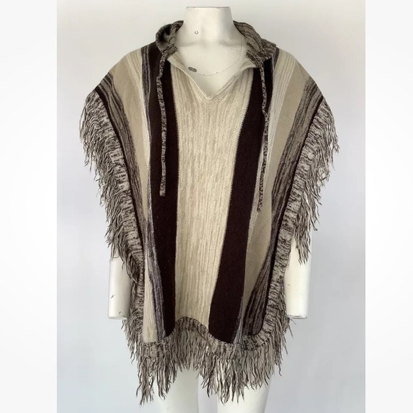 Vintage 1970s Kimlon One Size Fringe Trim Striped Poncho Sweater Brown - Picture 1 of 5